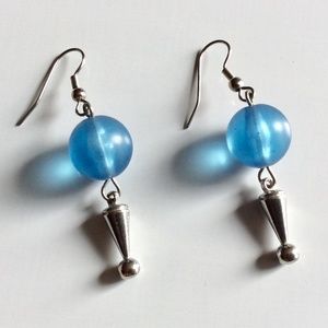 Dangle Drop Hook Earrings Blue Glass Ball Beads Silver Tone